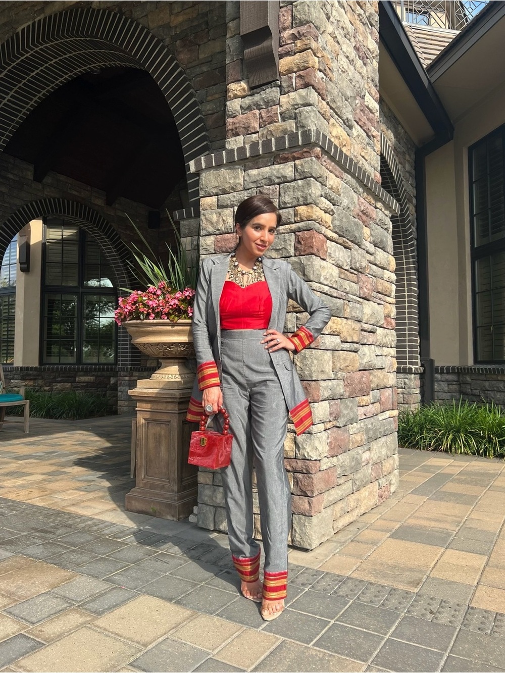Grey Tailored Pantsuit with Red Crop Top
